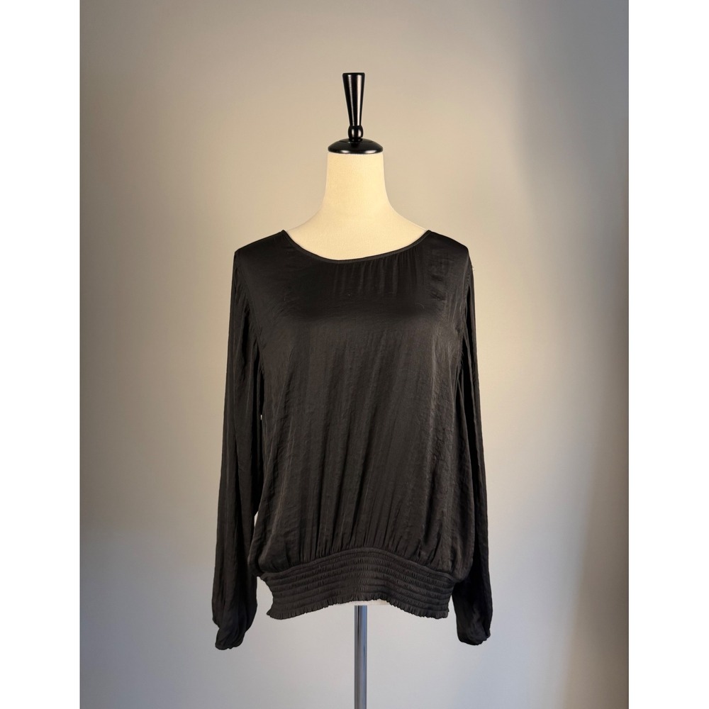 Liverpool Los Angeles Blouse Smocked Hem Large Black Satin Crinkle Long Sleeve